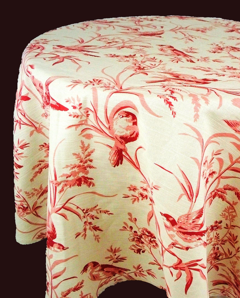 Round Tablecloth 53 Fabricut Avirary Toile Table Cloth Bird Ivory Pattern Deep Tan Cream Red Linen Rayon Table Decor Custom Dining Cloth