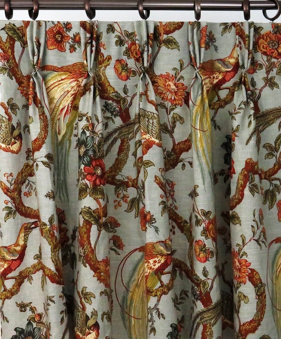 Olive Pinch Pleat Curtains Rust Teal Custom Brown French Olive Pinch Pleat Curtains Rust Teal, Bird Print Curtains