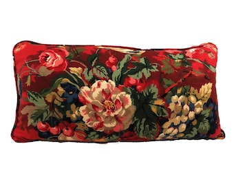 Red Floral Lumbar Pillow Cover, Decorative Cording Accent