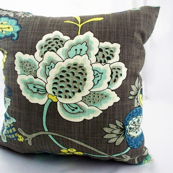 Pillow Covers Decorative Floral Teal Grey Flowers Dark Gray Cushions, Couch accent throw pillowcases sofa couch decor shams