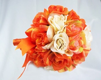 Fall orange rose bouquet, Wedding bridal silk flowers, Orange wedding bouquet, Yellow rose bouquet, Silk bridal bouquets, Bouquet set