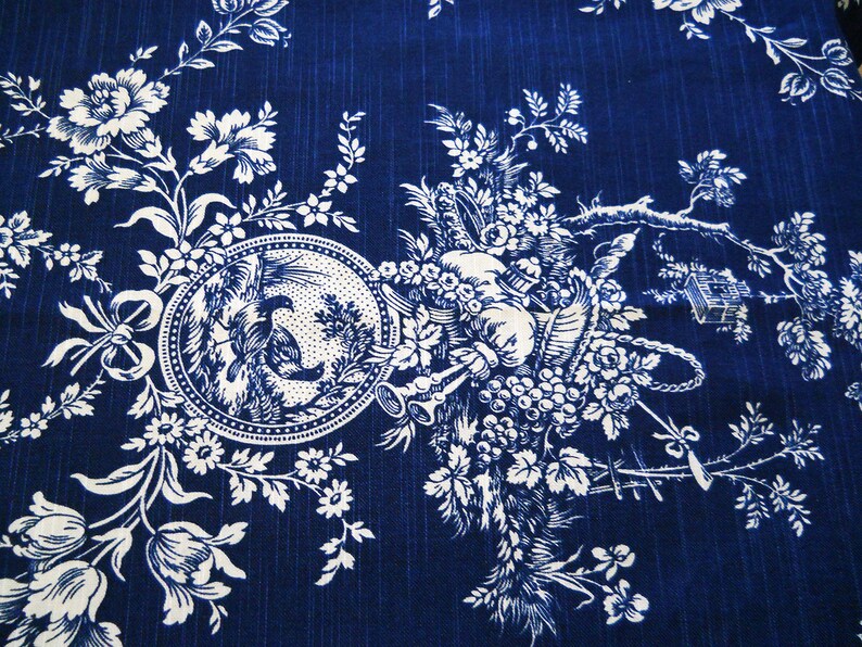 Navy Floral Blue Valance Country House French, Navy Linen Window Valance, Kitchen Living Room