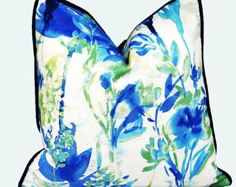 Watercolor Pillow Cover Floral Abstract Blue and Green Corded,  Pillow Case 18 x 18 Print Black Cording