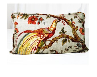 Bird Toile Pillow Covers Lumbar Rust Seafoam Green Floral Pillowcases Case Shams Piping Throw Cording Red Brown Yellow Rectangle