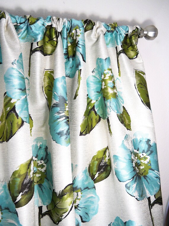 Flowers Aqua Blue Long Curtain Blue Bedroom Drapes Grey Blue Handmade Drapery Window Treatment Coverings Living Dining Textured Heavy