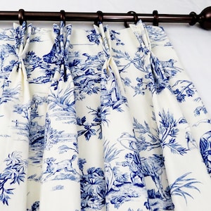 Pinch Pleat Curtains Curtain Panels Pinch Pleat Drapes Toile Navy Blue White Window Treatments, Draperies Living Room Bedroom Ivory Decor
