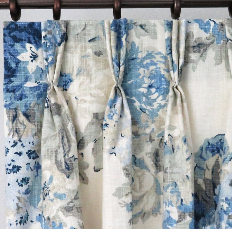 Pleat Pinch Drapes Blue French Floral Drapes Drapery Panels, Curtain