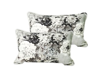 Large Lumbar Pillow Cover Set of 2 Gray Black Floral  Sofa Couch Decorative Rectangle Flowers  Throw Pillows with Piping Cording