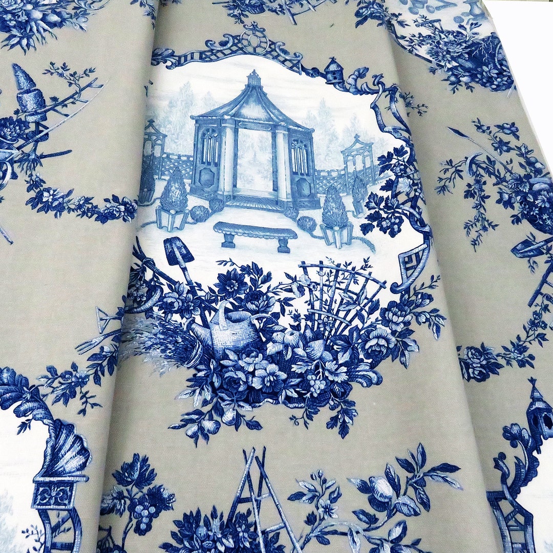Toile Cobalt Blue Curtain Panels Rod Pocket Window Treatments, Custom Lined Curtains and Drapes