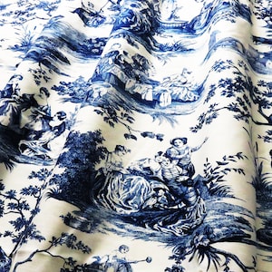 Pinch Pleated Drapes Toile Blue and White Pleat Curtains Traverse Rod Triple Pleats, Navy On Track Patio Door Custom Bedroom Living Room