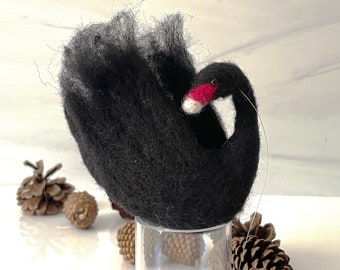 Needle Felted Black Swan Ornament, Soft Sculpture, Christmas Ornament