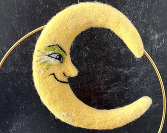 Big Needle Felted Crescent Moon, Soft Scultpure, Hanging Ornament, Swarovski Crystals