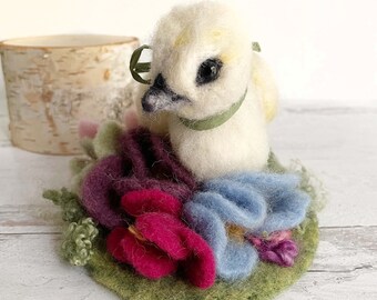 Needle Felted White Chick with Flowers, Soft Sculpture, Chick Figurine, Easter, Springtime