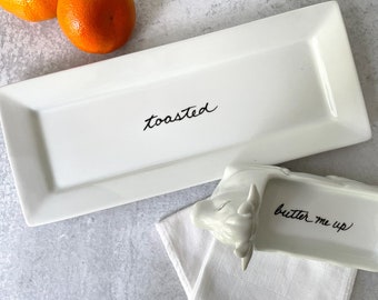 Toast and Butter Breakfast Set, Tray and Butter Dish, Hand Lettered, 2 Piece Set