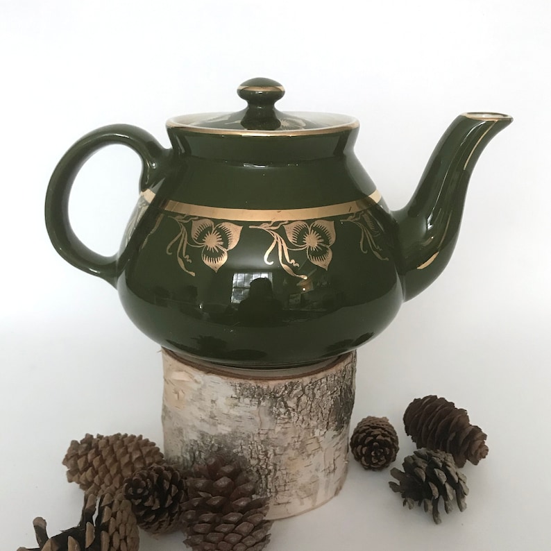 Vintage Hall Teapot New York 6 Cup Made in USA Green with Dresden Gold
