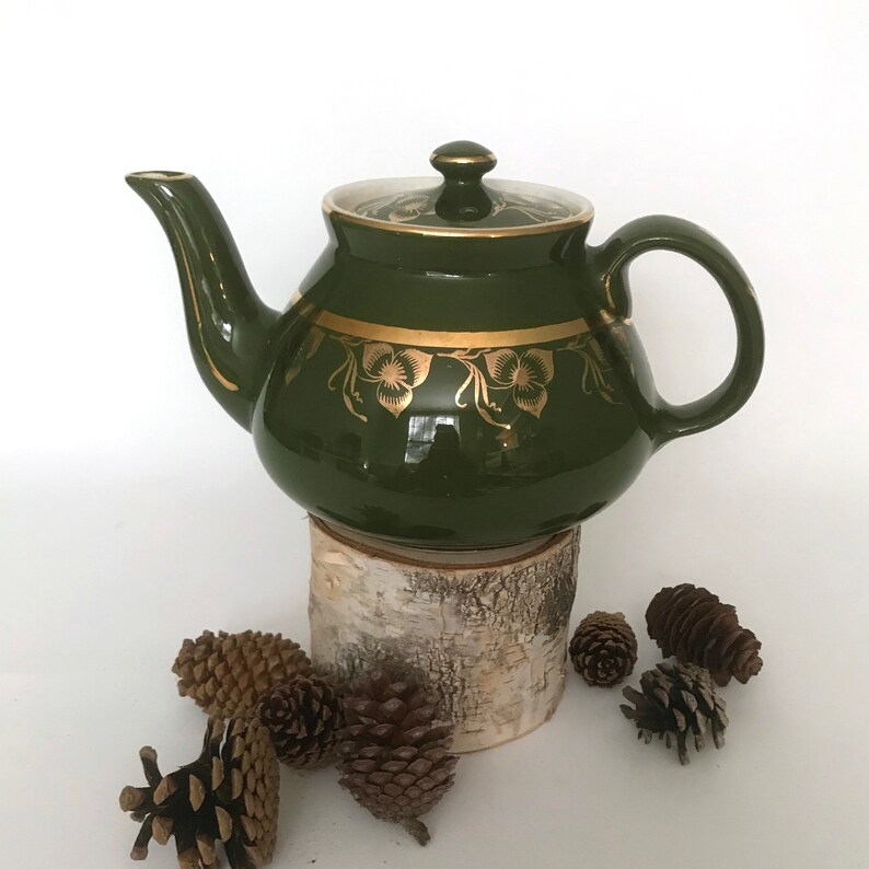 Vintage Hall Teapot New York 6 Cup Made in USA Green with Dresden Gold