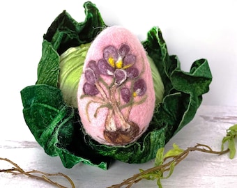 Needle Felted Egg with Crocus Bulb, Soft Sculpture, Large, Easter Egg