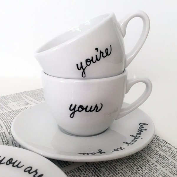 Upcycled Grammar Teacup and Saucer Set of 2 Upcycled New Custom Made Most Misused Words Your You're