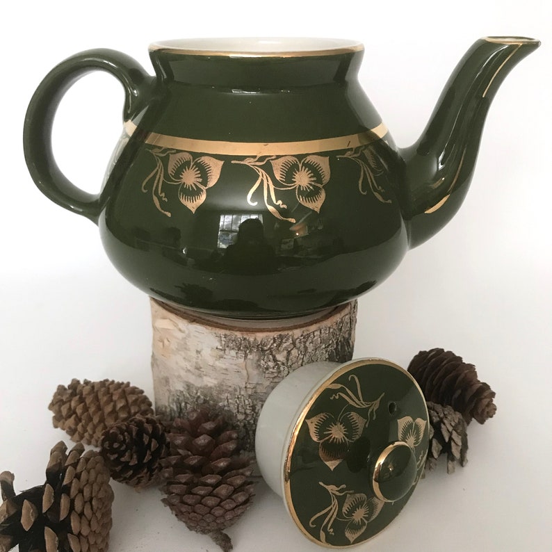 Vintage Hall Teapot New York 6 Cup Made in USA Green with Dresden Gold