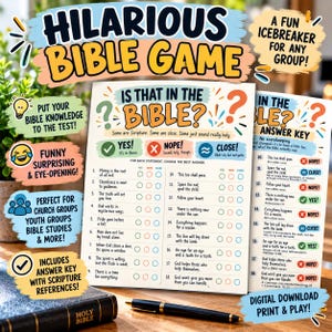 May include: A printed game sheet titled Is That In The Bible? featuring eighteen statements with checkboxes for Yes, Nope, or Close, accompanied by an answer key card, a black pen, and a Holy Bible, all displayed with colorful text and graphics.