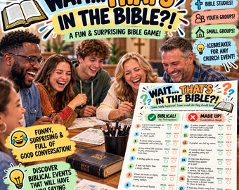 Op de afbeelding: Een spelblad getiteld Wait... That's in the Bible?! met een lijst van 18 genummerde stellingen met selectievakjes voor bijbelse of verzonnen antwoorden. Het witte papier bevat kleurrijke tekst, een bijbelicoon en een raster voor antwoorden.