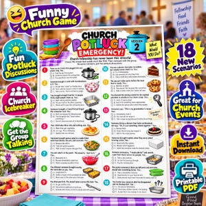 May include: A Church Potluck Emergency game sheet featuring 18 scenarios with multiple-choice questions, illustrated with icons of food items like a cake, cookies, and a salad, and a blue slow cooker, all on a purple checkered background.