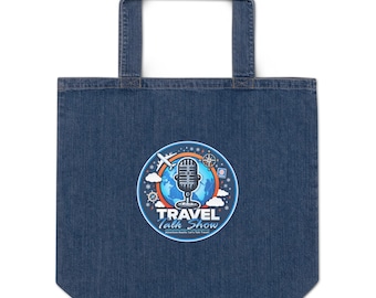 Travel Talk Show Organic Denim Tote Bag, Large Adventure Bag (100% Cotton)