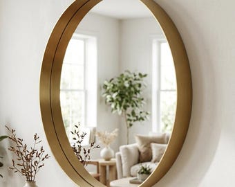 Ronde wandspiegel van geborsteld messing, handgemaakte ronde decoratie voor de kaptafel, moderne luxe accent voor de entree.