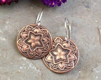 Bohemian copper mandala earrings with hand forged sterling silver ear wires - medium sized copper clay earrings