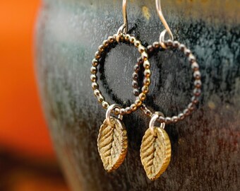 Bronze leaf earrings - Handmade bohemian bronze and silver jewelry - Bronze clay earrings