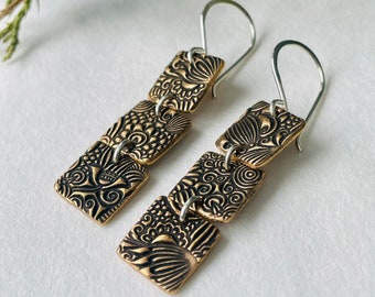 Textured bohemian bronze and sterling silver earrings - Handmade metal clay earrings - Rustic earrings