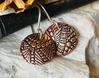 Small textured copper earrings - Handmade earrings with sterling silver ear wires