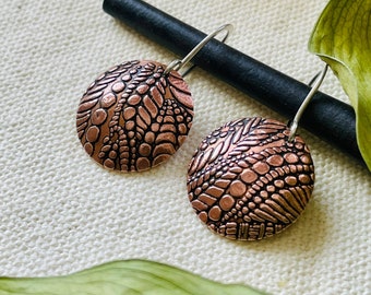 Round domed copper earrings - Handmade earrings with rope like texture