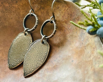 Bronze leaf earrings - Handmade bohemian bronze and silver jewelry - Bronze clay earrings