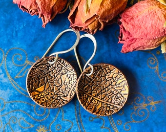 Round domed copper earrings - Handmade earrings with sterling silver ear wires