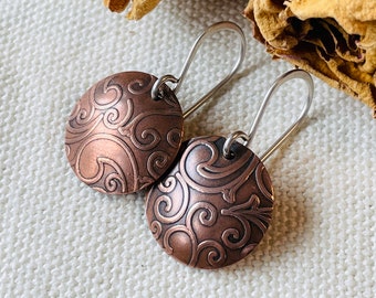 Swirly round domed copper earrings - Handmade earrings with sterling silver ear wires