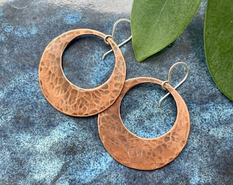 Hammered large copper hoop earrings