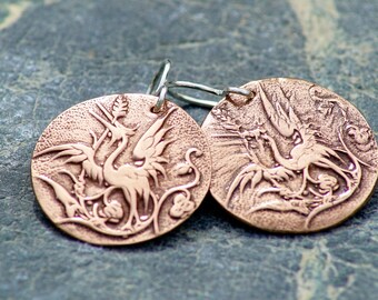 Copper crane earrings - Handmade round copper dangles - Artisan bird earrings