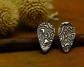 Silver mandala teardrop stud earrings
