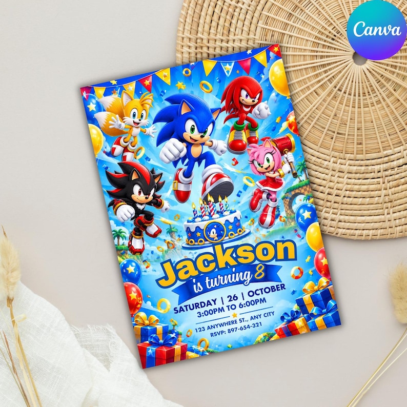 Sonic Birthday Invitation, Custom Kids Party Invite, Blue Hedgehog ...