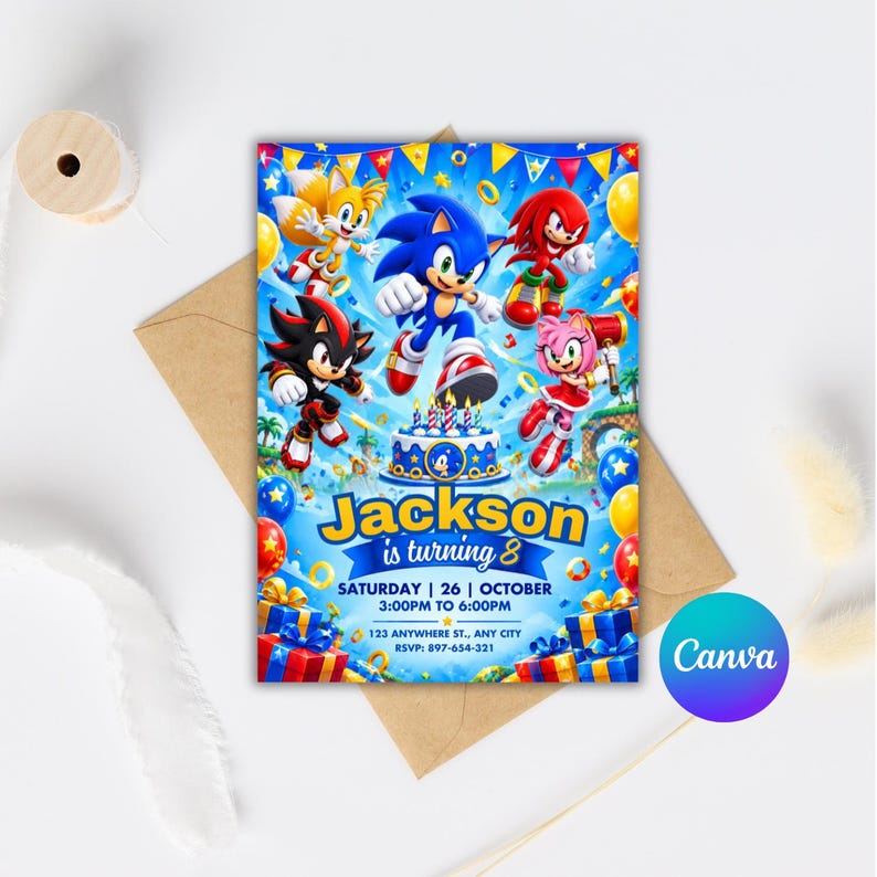 Sonic Birthday Invitation, Custom Kids Party Invite, Blue Hedgehog ...