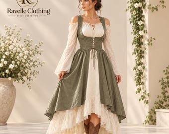 Damrenässansklänning, viktoriansk vintageklänning i spets, medeltida bondeklänning, korsettdräkt