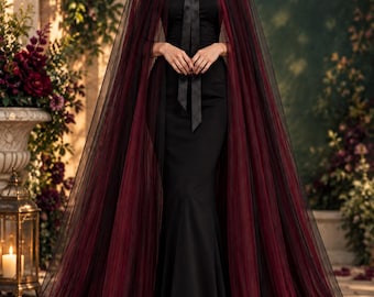 Black Red Gothic Tulle Cape, Victorian Ruffle Cloak, Vampire Halloween Costume
