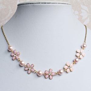 Pink Flower and Pearl Necklace: Gold Plated Floral Jewelry