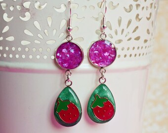 Strawberry Earrings, Handmade Earrings with Strawberry Charm and Pink Glitter, Fruit Jewellery