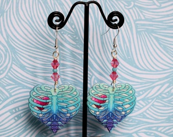 Rib Cage and Heart Acrylic Earrings, Creepy Cute Anatomical Jewellery, Clip On Option Available