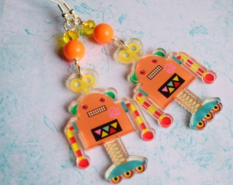 Robot Dangle Earrings, Quirky Acrylic Jewellery for Tech Fans and Sci Fi Lovers