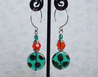 Teal and Orange Dangle Earrings, Colourful Jewellery, Polka Dor Earrings