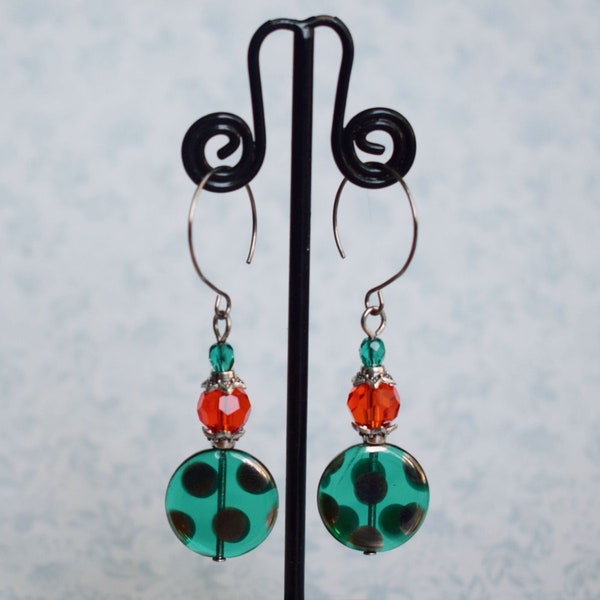 Teal and Orange Dangle Earrings, Colourful Jewellery, Polka Dor Earrings