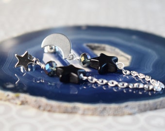 Moon and Star Double Piercing Earring, Celestial Jewellery for Multiple Piercings